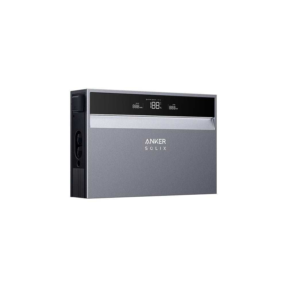Produktbild Querformatiges Anker SOLIX X1 Power-Modul in Metallic-Grau, LED-Display oben, freigestellt vor Weiß.