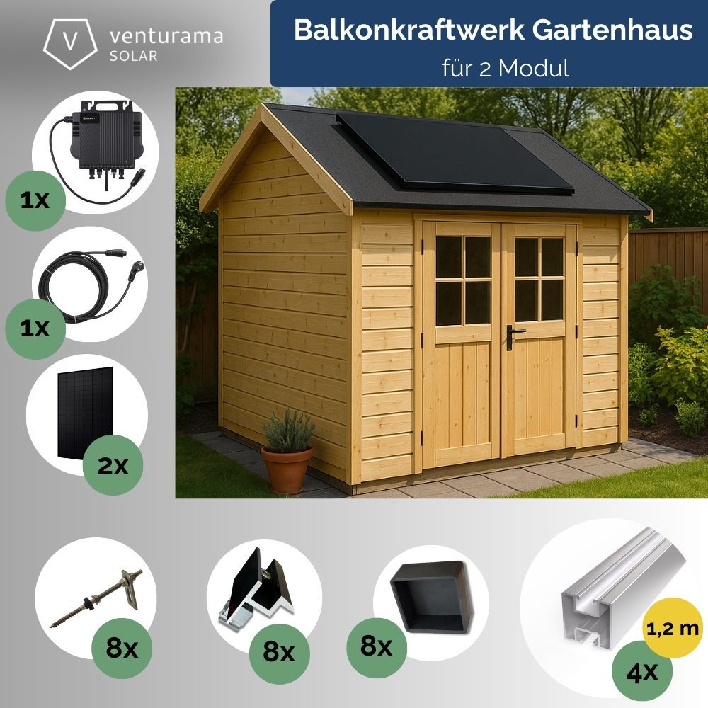 Produktbild Balkonkraftwerk 800W – Growatt und 2x Jolywood Full Black Gartenhaus Set