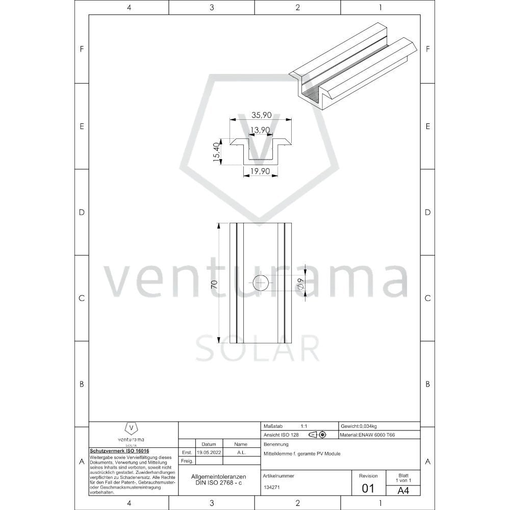 Zeichnung für Mittelklemme mit Klick-System (schwarz- eloxiert)