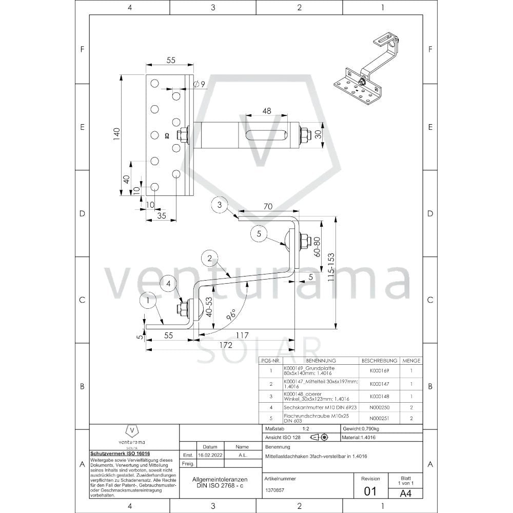Zeichnung PV Dachhaken: Mittellast-Dachhaken 3-fach-verstellbar (1.4016 MT6x30x117mm)