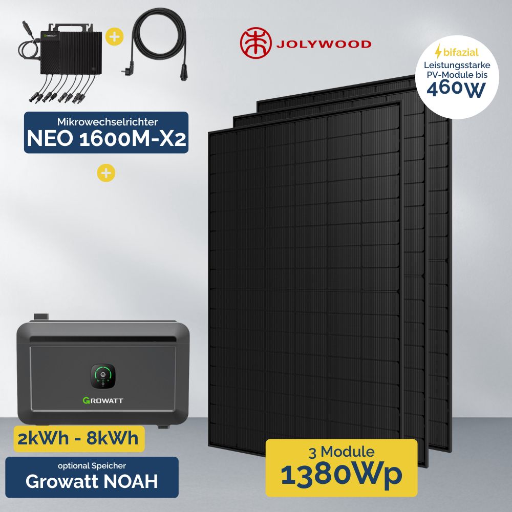Produktbild 1380W Balkonkraftwerk mit Growatt NOAH Speicher – Growatt NEO 800 & 3x Jolywood FB 460W