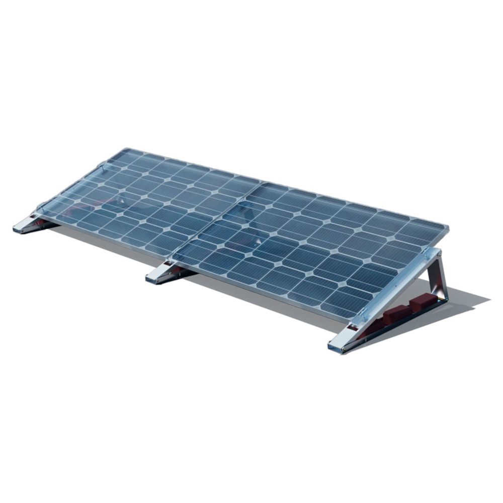 Aufständerung mit 35° Neigungswinkel für Flachdächer und 2 PV Modulen nebeneinander, quer angeordnet. Montageset FlatFlex von venturama Solar