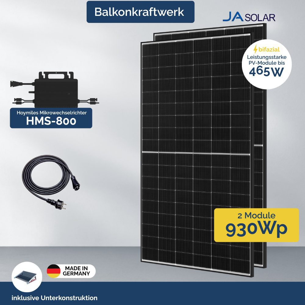 Balkonkraftwerk mit Hoymiles HMS-800 - 2x JA Solar PV Module Black Frame und FlatFlex Flachdach Montageset