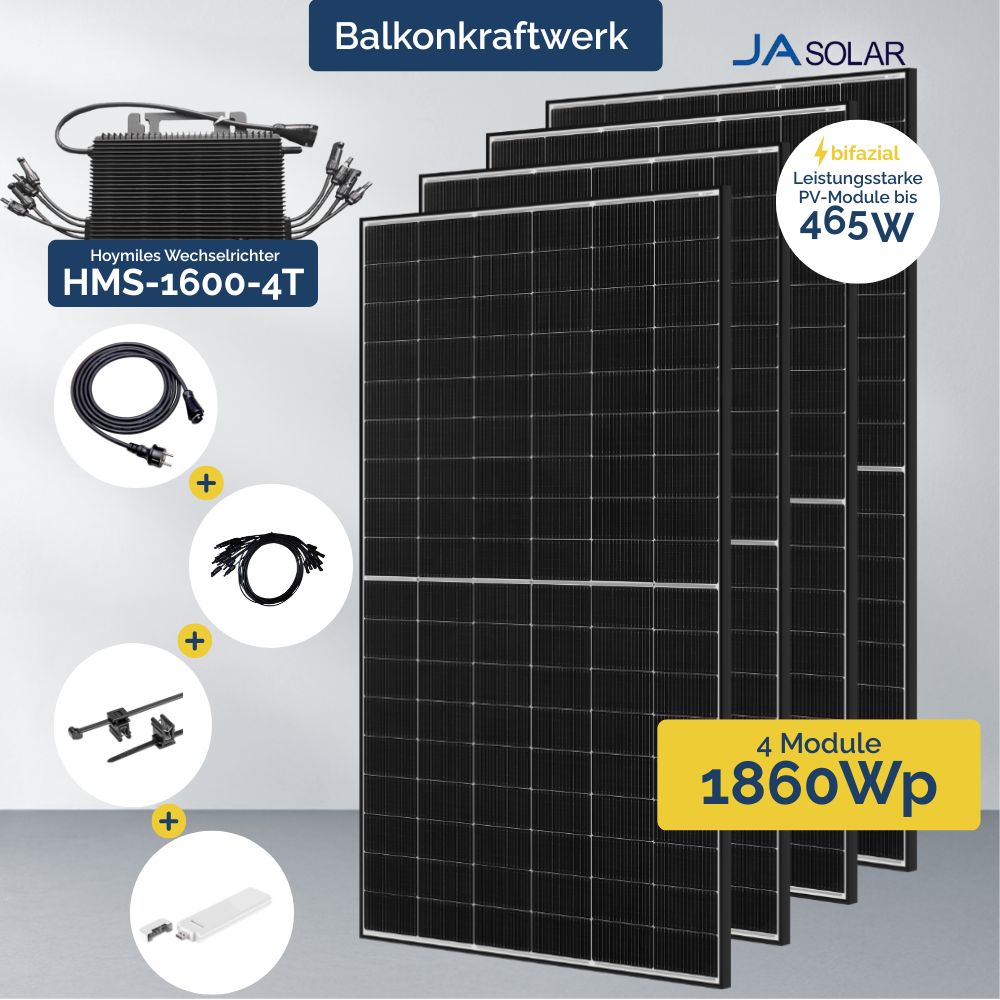 Produktbild - Balkonkraftwerk 1600W mit 4 PV Modulen Ja Solar und HMS-1600 4T Wechselrichter