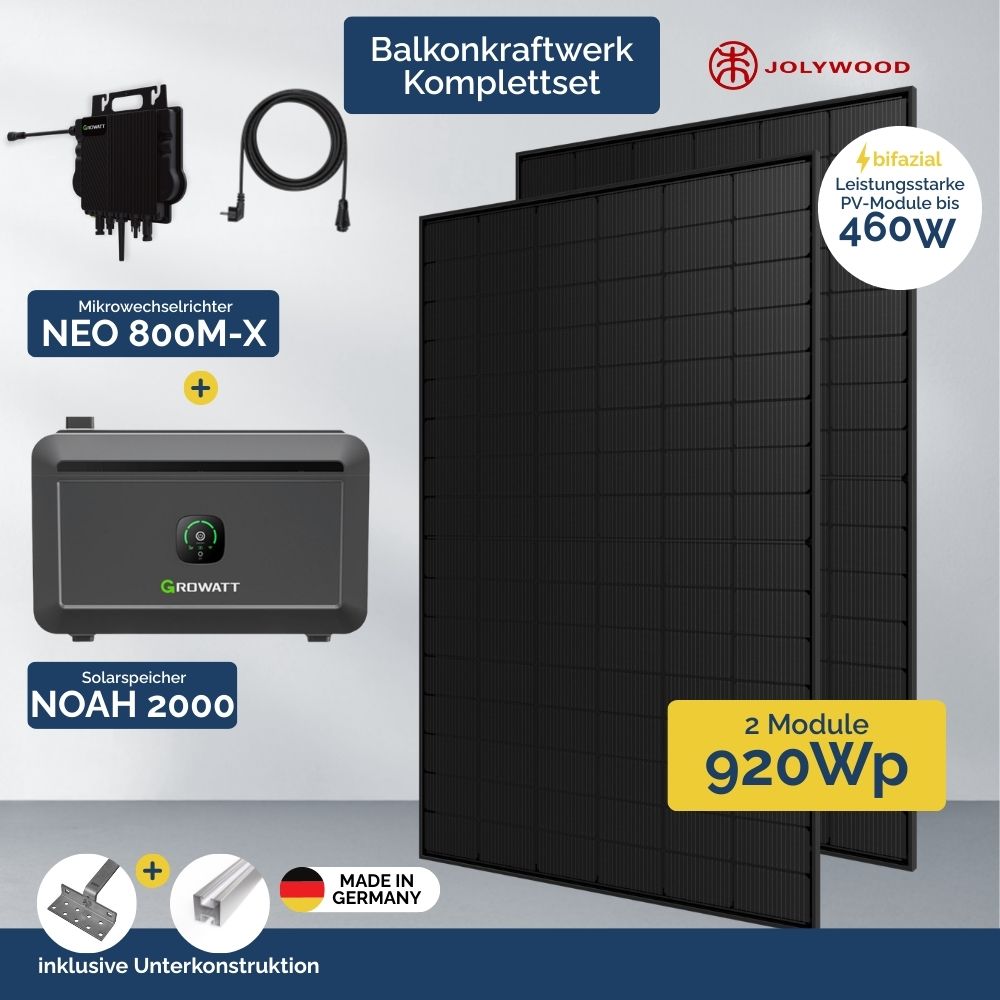 Produktbild: Balkonkraftwerk mit Growatt Mikrowechselrichter, Solarspeicher, Unterkonstruktion und Jolywood Modulen