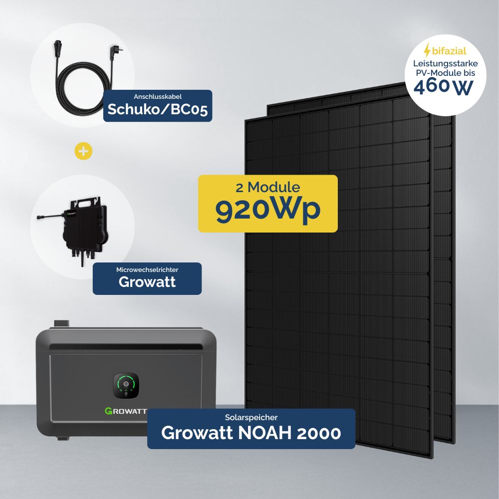 Produktbild Balkonkraftwerk mit Growatt Mikrowechselrichter NEO 800M-X und NOAH 2000 Solarspeicher und PV Modulen