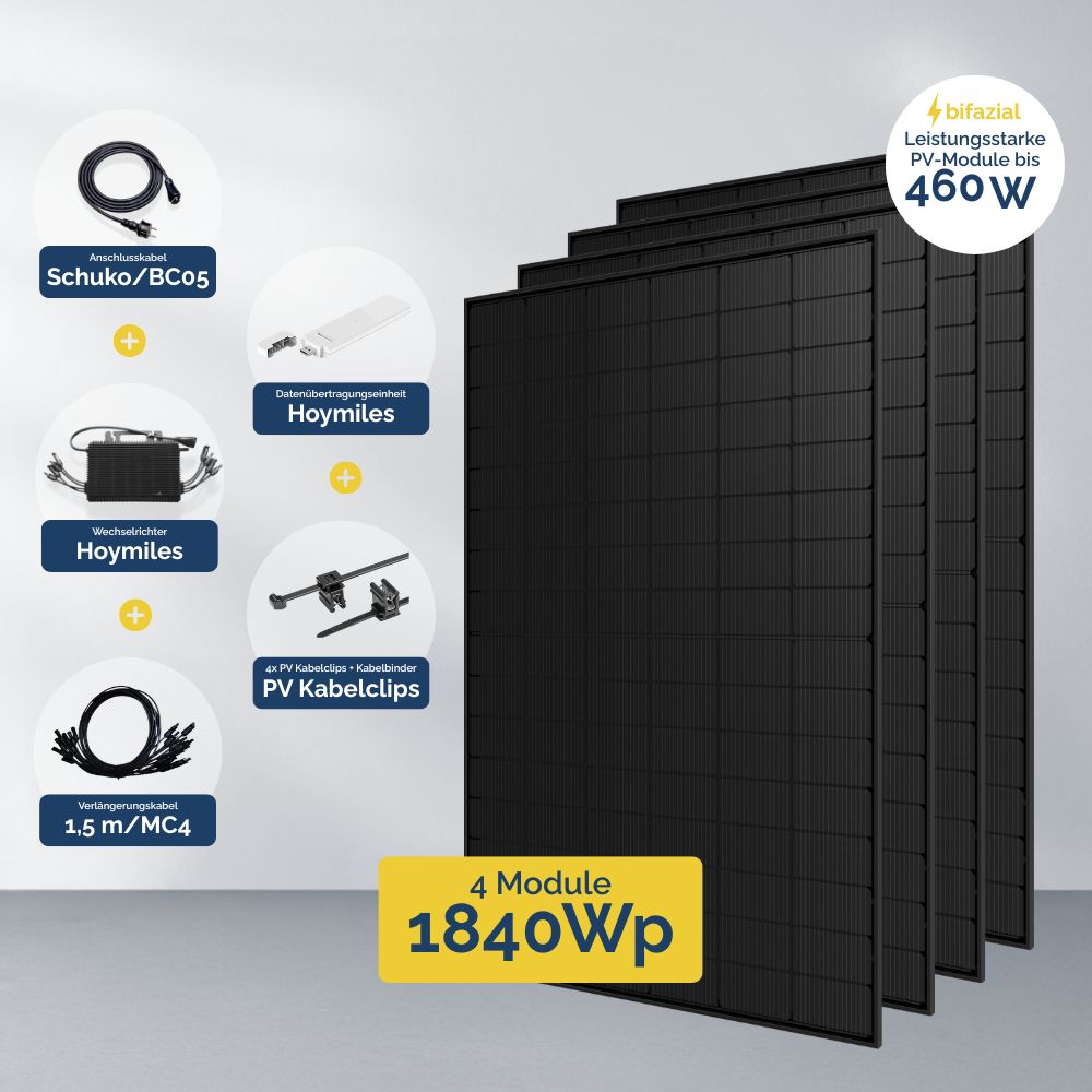 Produktbild - Balkonkraftwerk 1.600 W mit 4 PV Modulen Jolywood und HMS-1600 4T Wechselrichter