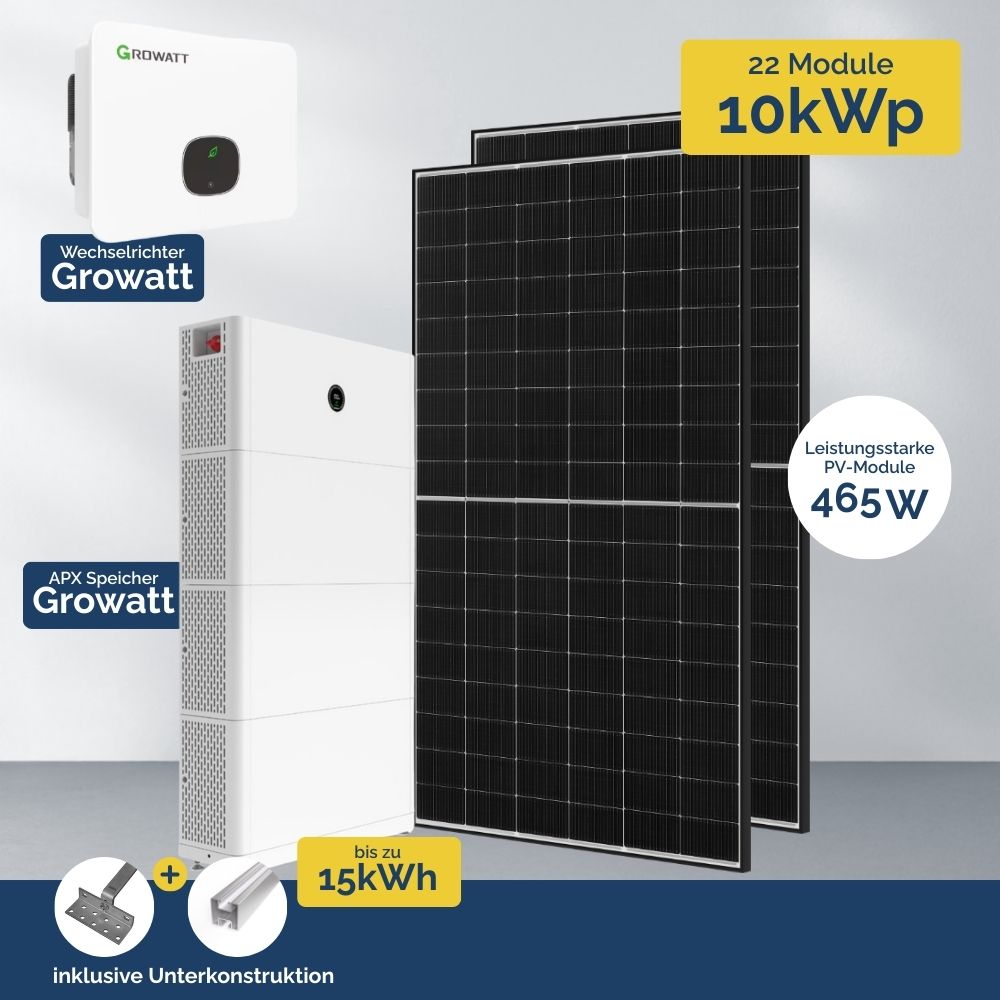 Produktbild Aktion PV Komplettanlage mit Growatt Hybrid Wechselrichter APX Solarspeicher UK PV Modul 465W