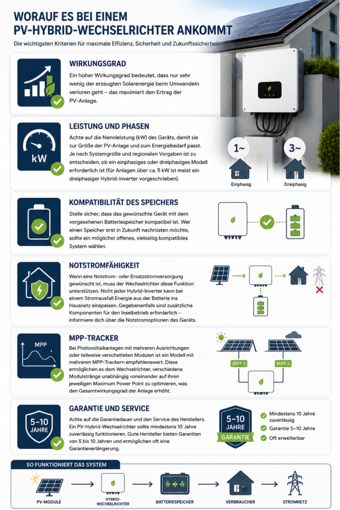 Infografik zu wichtigen Auswahlkriterien eines PV-Hybrid-Wechselrichters mit Informationen zu Wirkungsgrad, Leistung, Speicherkompatibilität, Notstromfähigkeit, MPP-Trackern und Garantie.