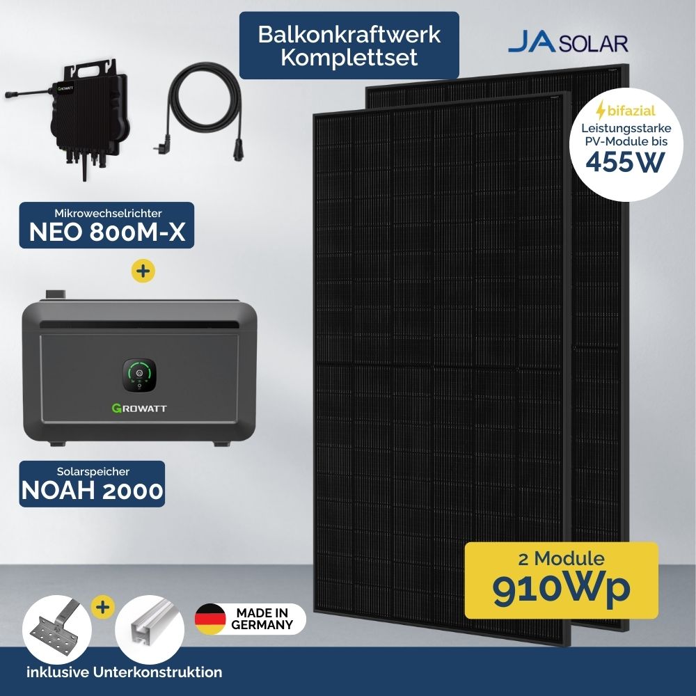 Produktbild: Balkonkraftwerk mit Growatt Mikrowechselrichter, Solarspeicher, Unterkonstruktion und Ja Solar Modulen