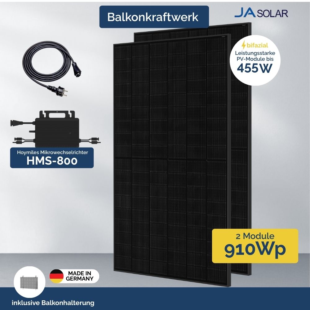 Balkonkraftwerk mit HMS-800 und 2x JA Solar PV Modulen, Balkonhalterung im Set mit 800W max. Leistung