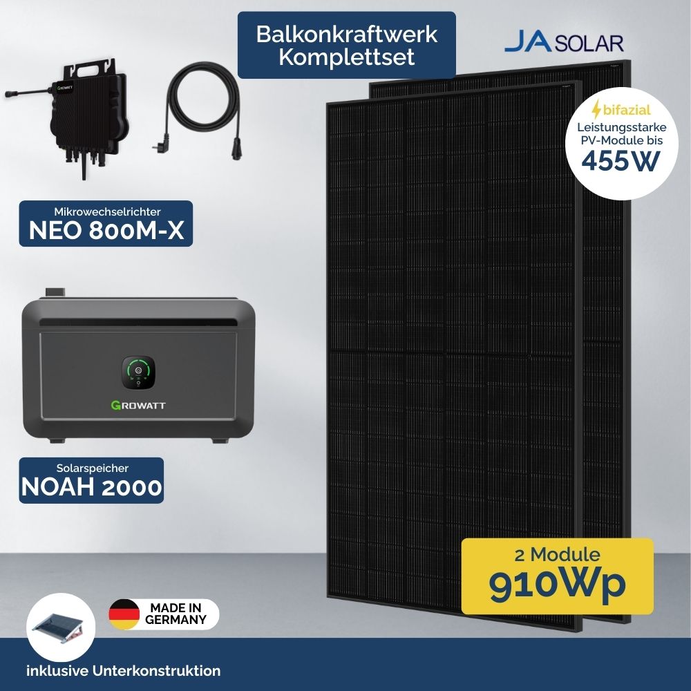 Produktbild: Balkonkraftwerk mit Growatt Mikrowechselrichter, Solarspeicher, Unterkonstruktion und Ja Solar Modulen