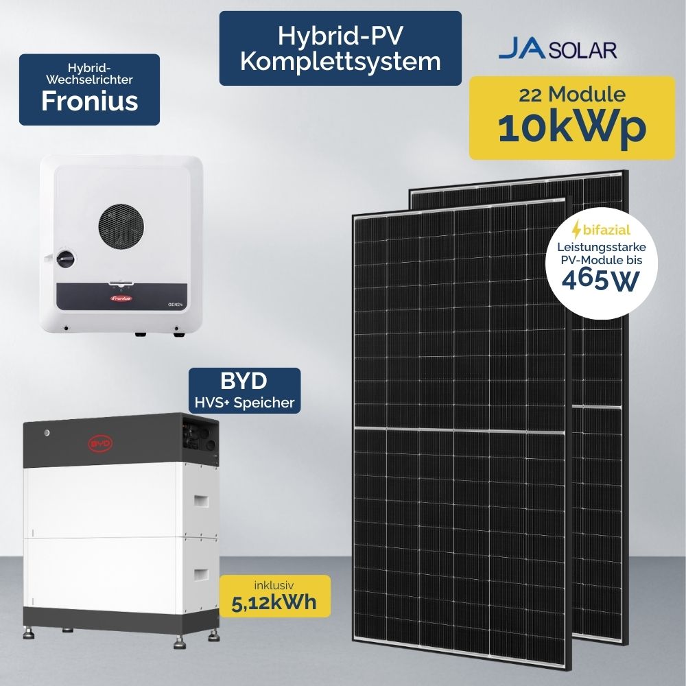 Produktbild PV-Komplettset 10 kWp – JA Solar 465 W, Fronius GEN24 & 5 kWh BYD HVS+ Speicher