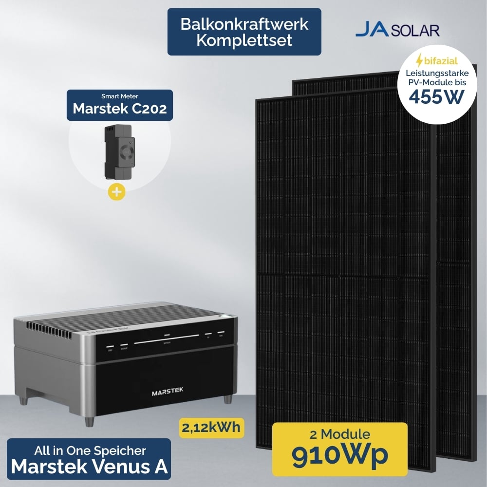 Alternative view of 910 W Balkonkraftwerk mit Speicher – Marstek Venus A All-in-One & 2x JA Solar 455 W – bis 12,72 kWh Solarspeicher
