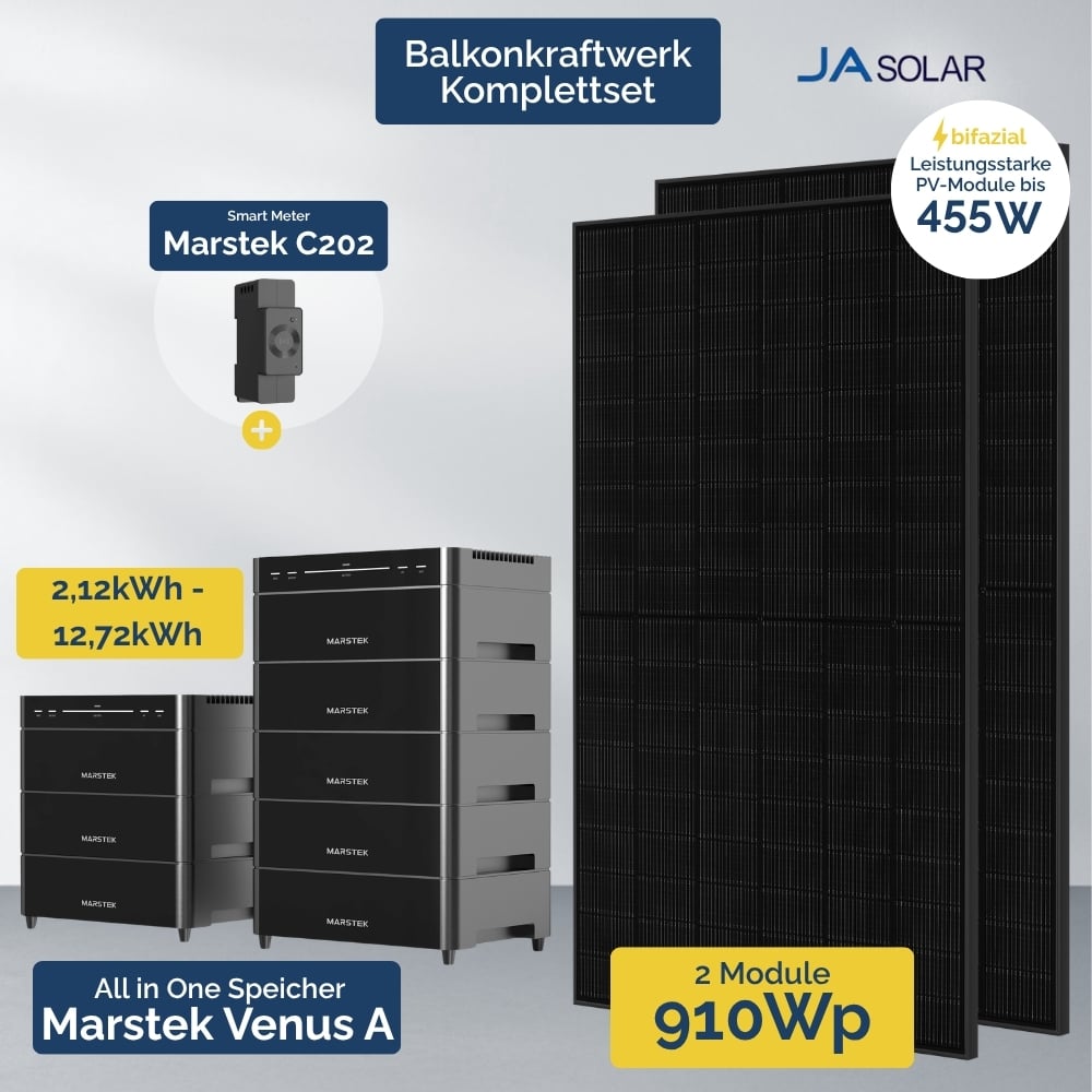 910 W Balkonkraftwerk mit Speicher – Marstek Venus A All-in-One & 2x JA Solar 455 W – bis 12,72 kWh Solarspeicher