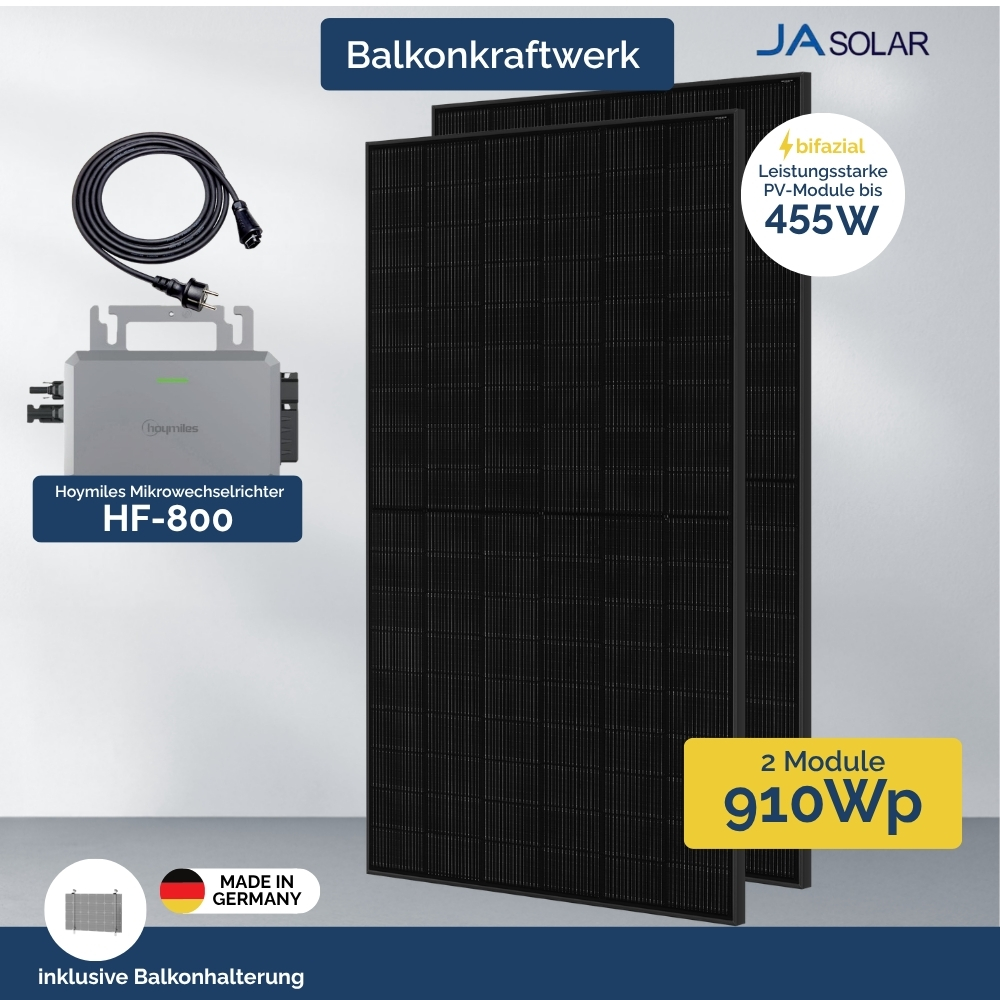 Balkonkraftwerk mit HMS-800 und 2x JA Solar PV Modulen, Balkonhalterung im Set mit 800W max. Leistung