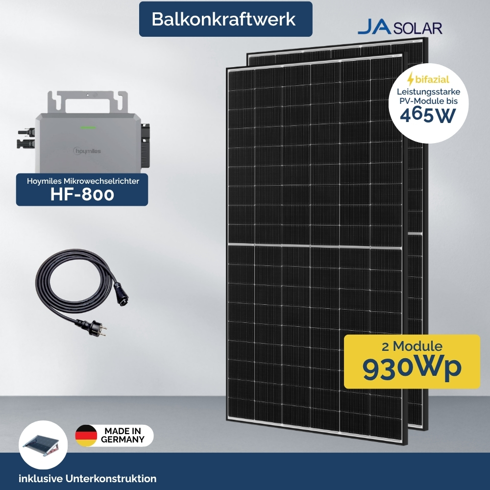 Balkonkraftwerk mit Hoymiles HF-800 - 2x JA Solar PV Module Black Frame und FlatFlex Flachdach Montageset
