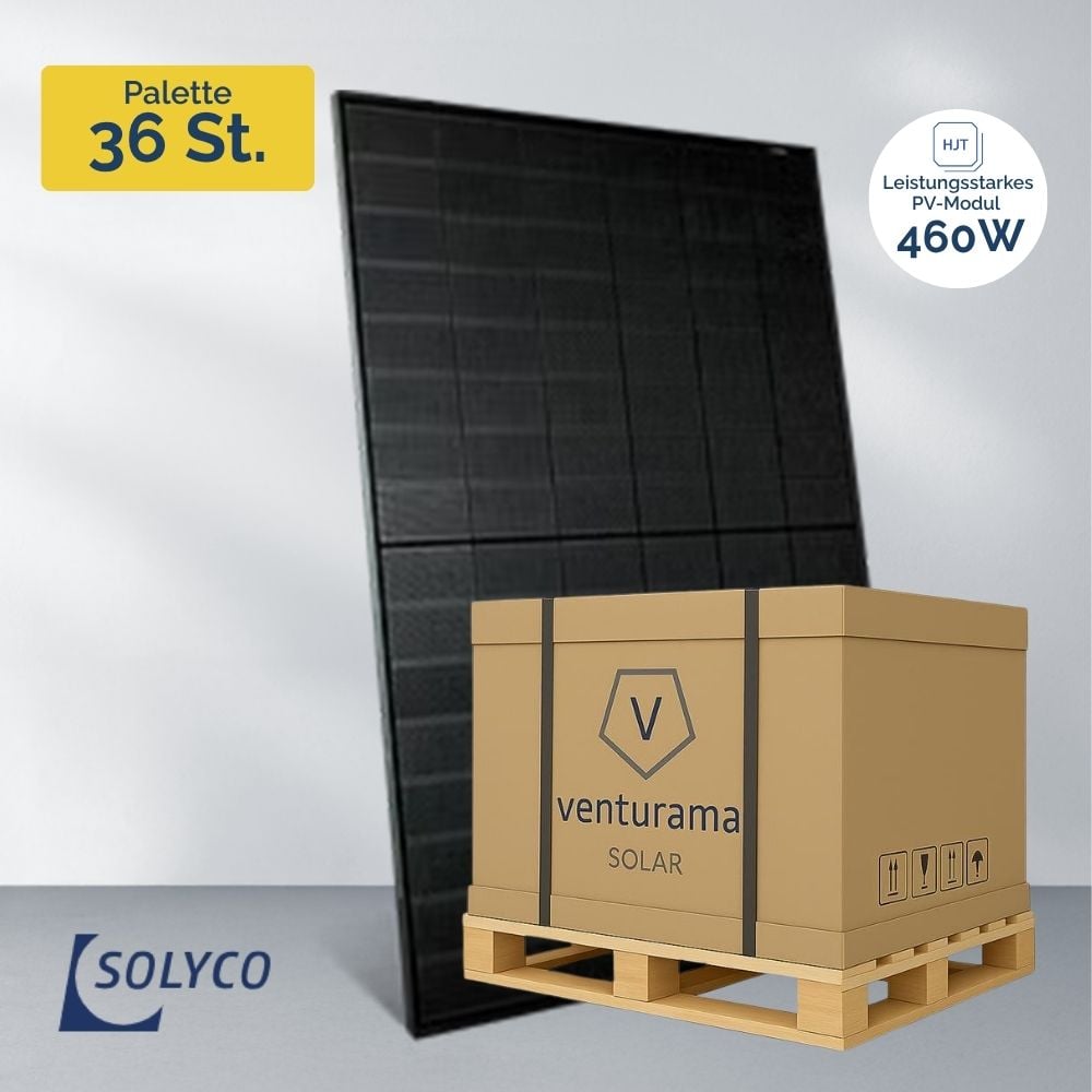 Ein schwarzes Solyco R-BG 96n.5 (36x) 460-W-Glas-Glas-TOPCon-„Palette“-Solarmodul steht aufrecht hinter einer Palette, auf der ein Karton mit der Aufschrift „venturama SOLAR“ steht; der Text lautet „Palette 36 St.“, und in der Ecke ist das Solyco-Logo zu sehen.