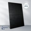 Ein schwarzes Solyco R-BG 96n.5 460-W-Glas-Glas-TOPCon-Solarmodul mit elegantem Design steht aufrecht vor einem hellen Hintergrund. Auf einem Etikett steht „Leistungsstarke PV-Module bis 460 W“. Das SOLYCO-Logo befindet sich in der unteren linken Ecke.