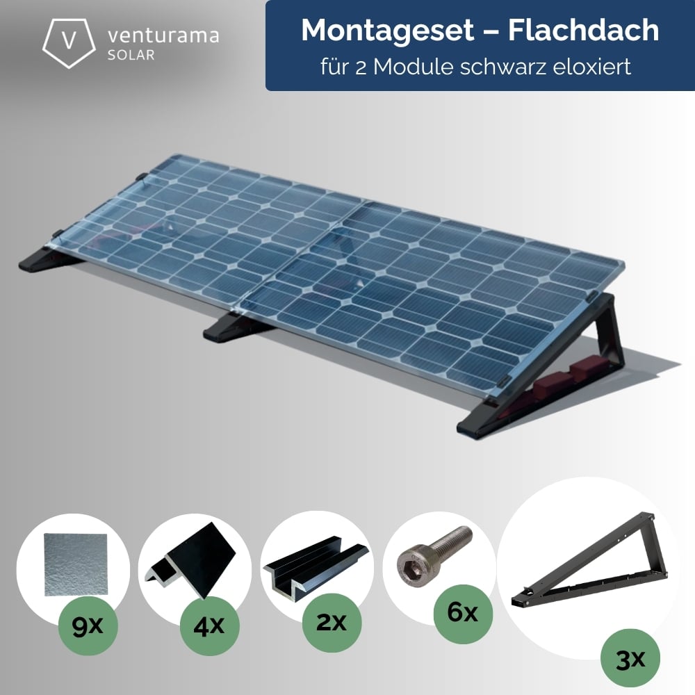 FlatFlex - Flachdach-Aufständerung Set Black Line 2 PV-Module nebeneinander Beispielbild mit PV-Modulen