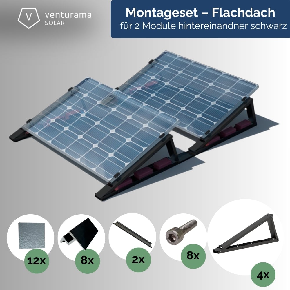 Flachdach-Aufständerung – “Flat-Flex”-Set Black Line – für 2 x PV-Module (hintereinander)