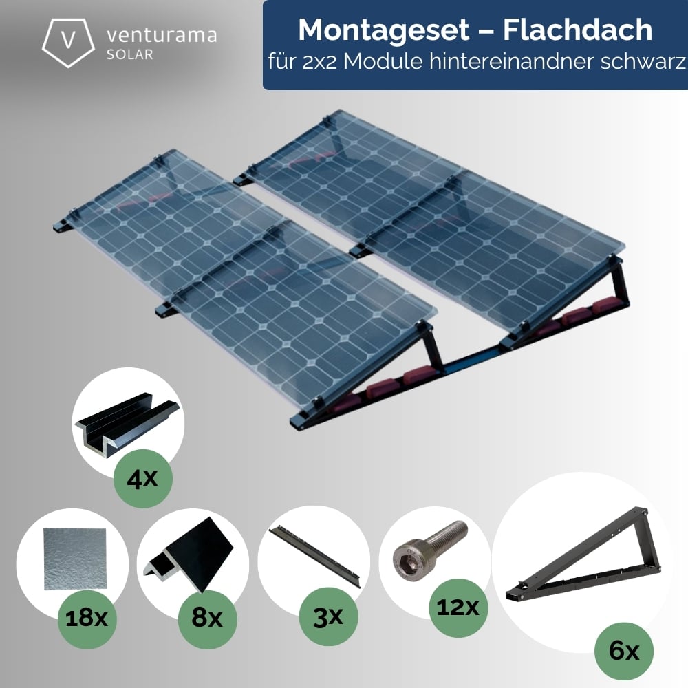 Süd-Ausrichtung Aufständerung mit 2x2 PV Modulen hintereinander, in Ost-West oder Süd-Ausrichtung auf dem Flachdach montierbar. Neigungswinkel 10°/15°/20°