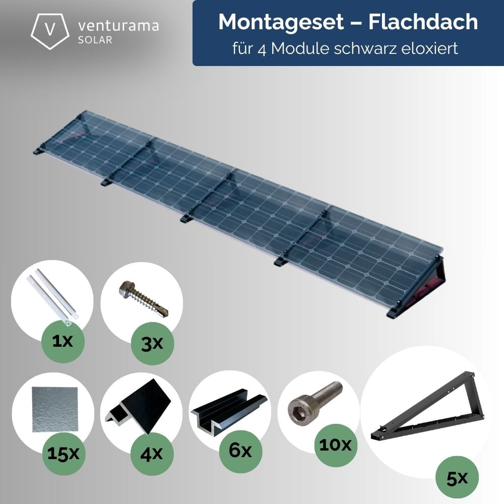 FlatFlex Set - Mit dieser Aufständerung können 4 PV Module quer nebeneinander auf dem Flachdach montiert werden. Neigungswinkel einstellbar (10°/15°/20°).