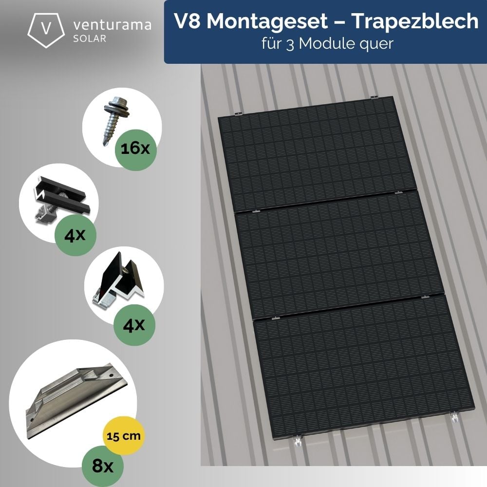 V8 Montageset – Trapezblech – für 3 PV-Module (quer, untereinander)