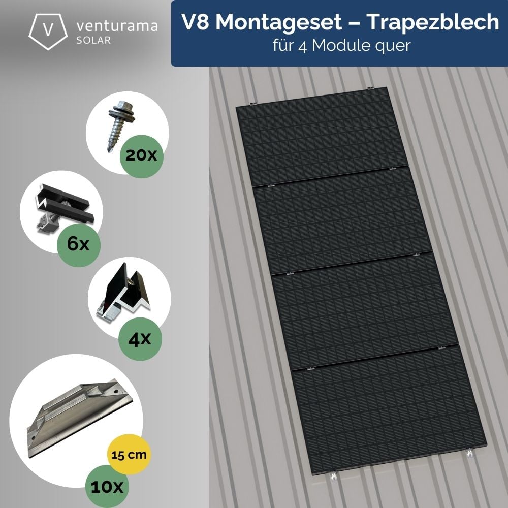 V8 Montageset – Trapezblech – für 4 PV-Module (quer, untereinander)
