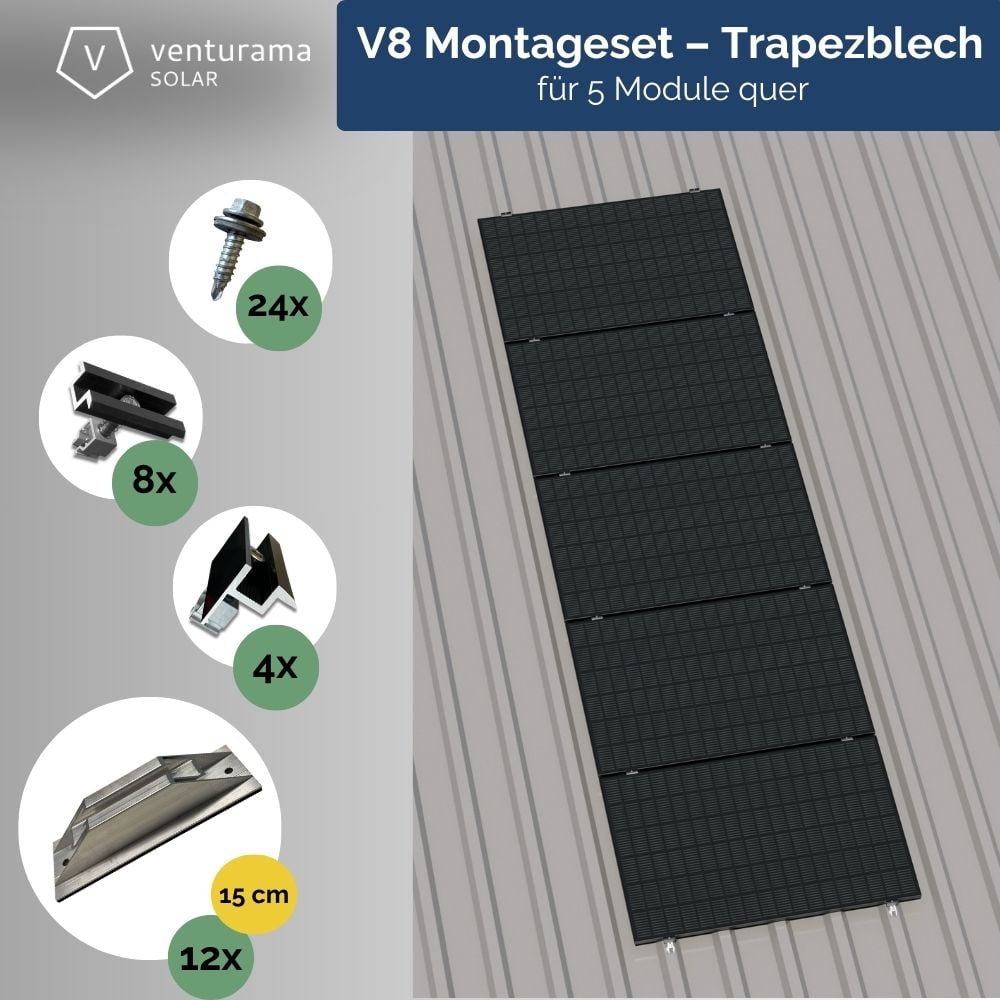 V8 Montageset – Trapezblech – für 5 PV-Module (quer, untereinander)