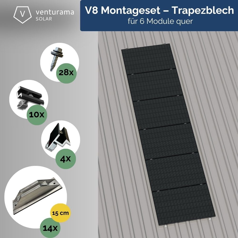 V8 Montageset – Trapezblech – für 6 PV-Module (quer, untereinander)
