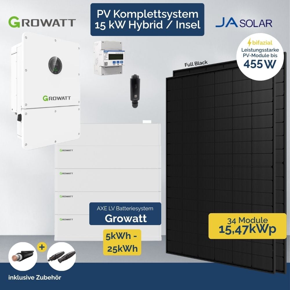 PV Anlage 15 kWp Growatt Wit Hybrid - Inselanlage Wechselrichter - 34 x Ja Solar FB