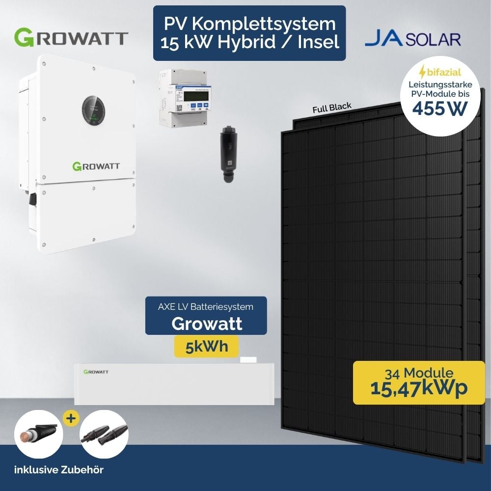 Alternative view of PV Anlage 15 kWp Growatt Wit Hybrid - Inselanlage Wechselrichter - 34 x Ja Solar FB
