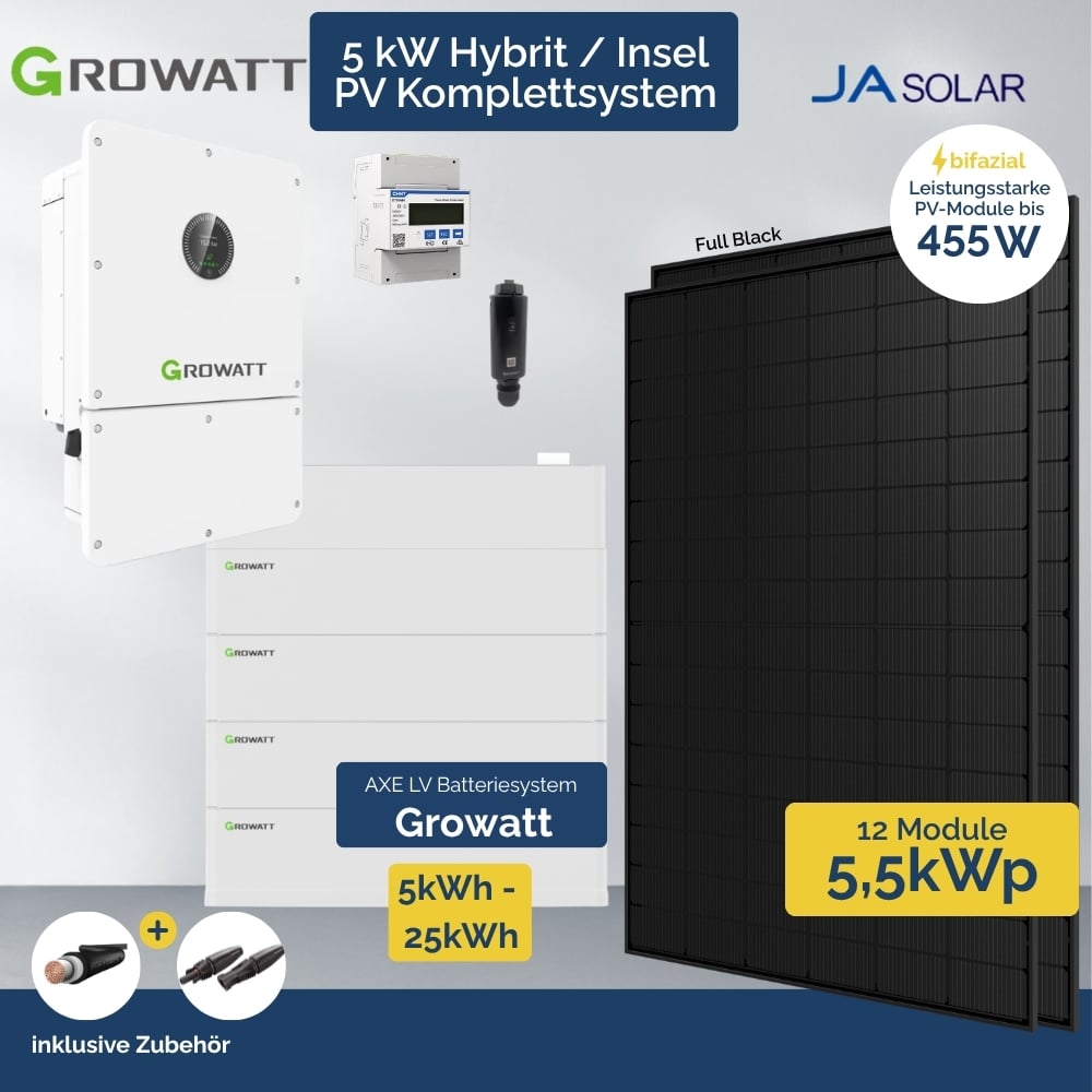 Produktbild PV Anlage 5 kWp Growatt Wit Hybrid - Inselanlage Wechselrichter - 12 x Ja Solar FB