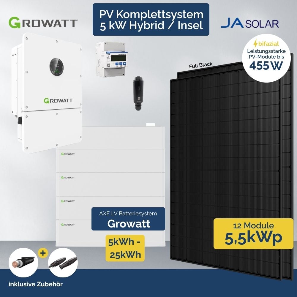 PV Anlage 5 kWp Growatt Wit Hybrid - Inselanlage Wechselrichter - 12 x Ja Solar FB