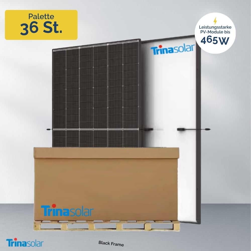 Eine Palette mit der Aufschrift Trina Solar 470 W Vertex S+ Shield 2,5mm Glas-Glas TSM 9NEG9R.28 Black Frame enthält gestapelte Solarmodule; ein aufrechtes Modul zeigt die schwarze Vorderseite, ein anderes die weiße Rückseite. Text hebt Palette und PV-Modul bis 470W hervor.