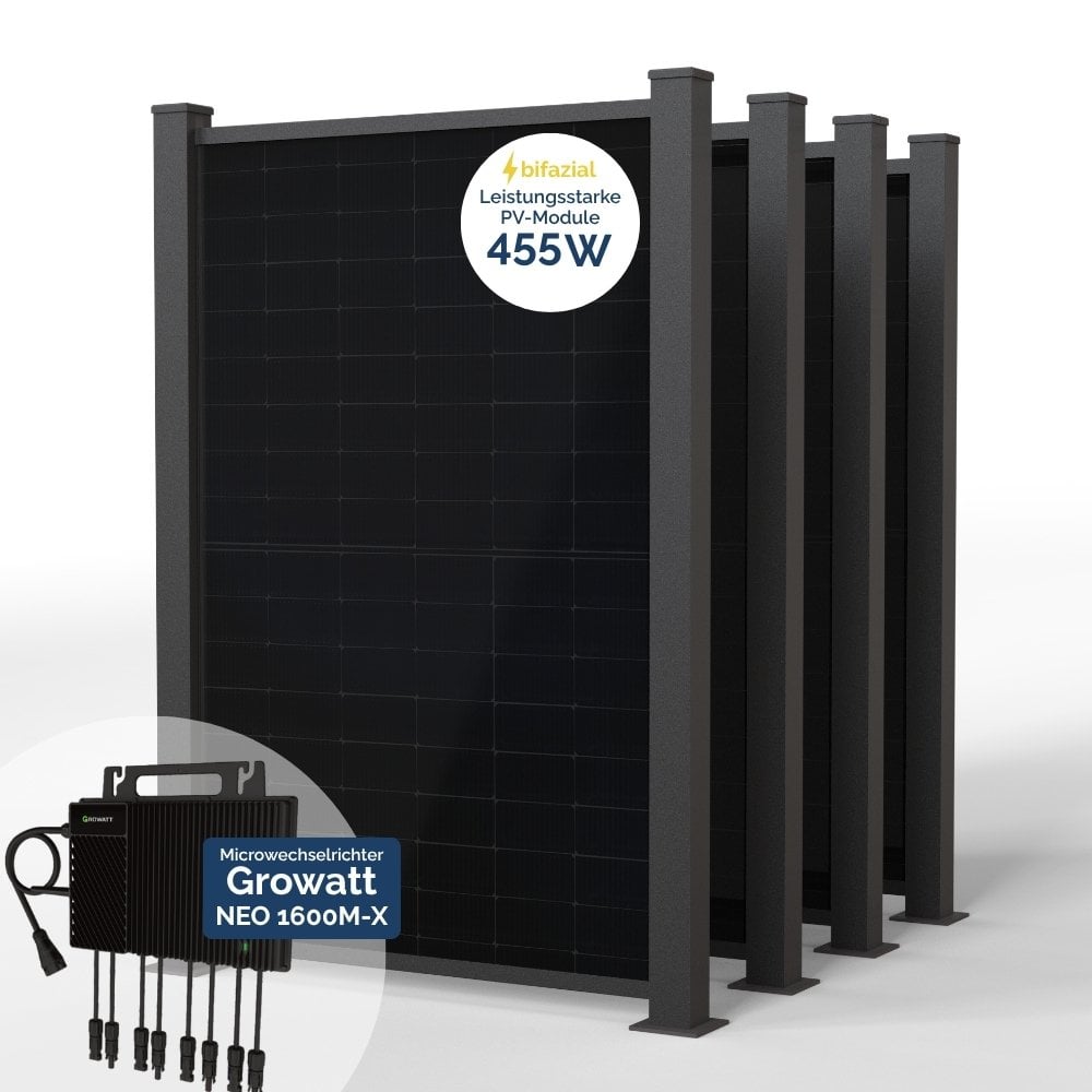 Produktbild PowerPVence Solarzaun 1,80m hoch mit vier PV Modulen und Wechselrichter