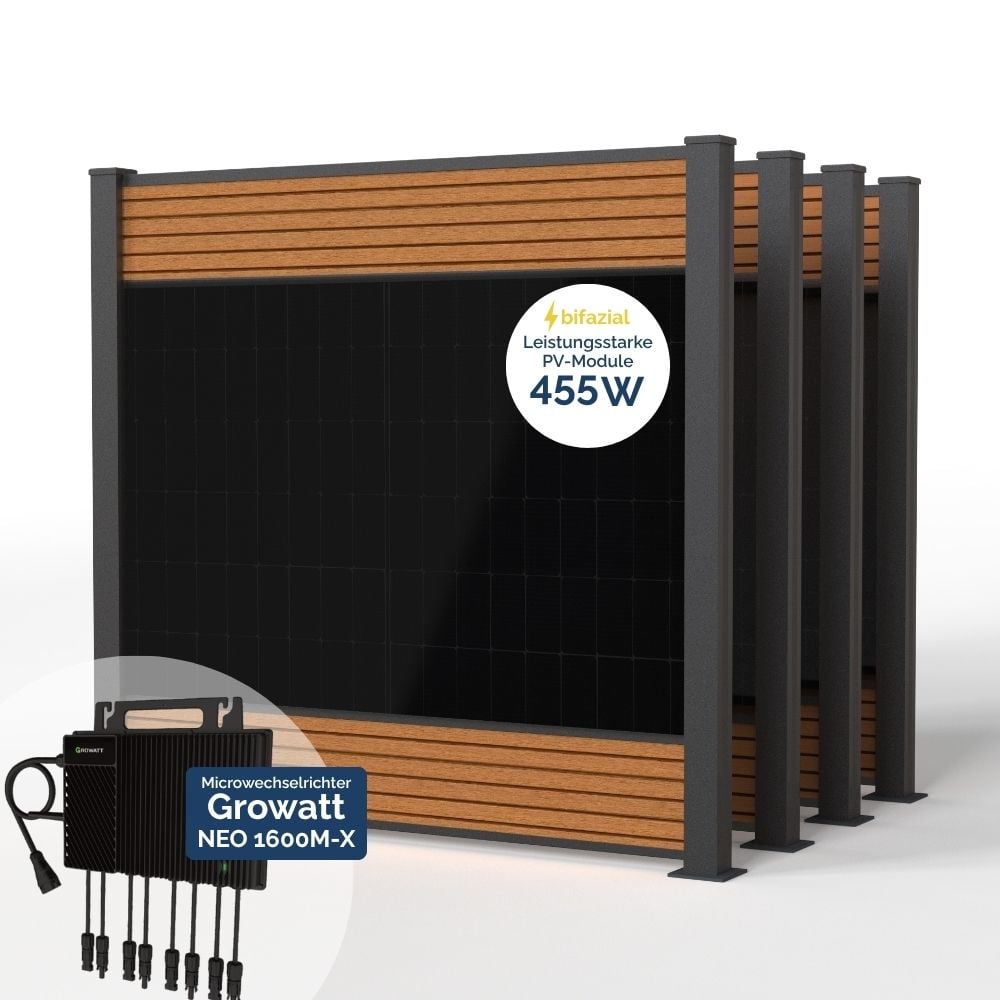Produktbild FlexPVence Solarzaun 2m hoch mit vier PV Modulen und Wechselrichter
