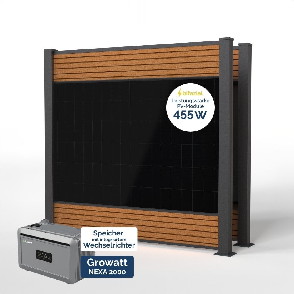 Produktbild - FlexPVence Solarzaun 1,80m hoch mit zwei PV Modulen und Speicher