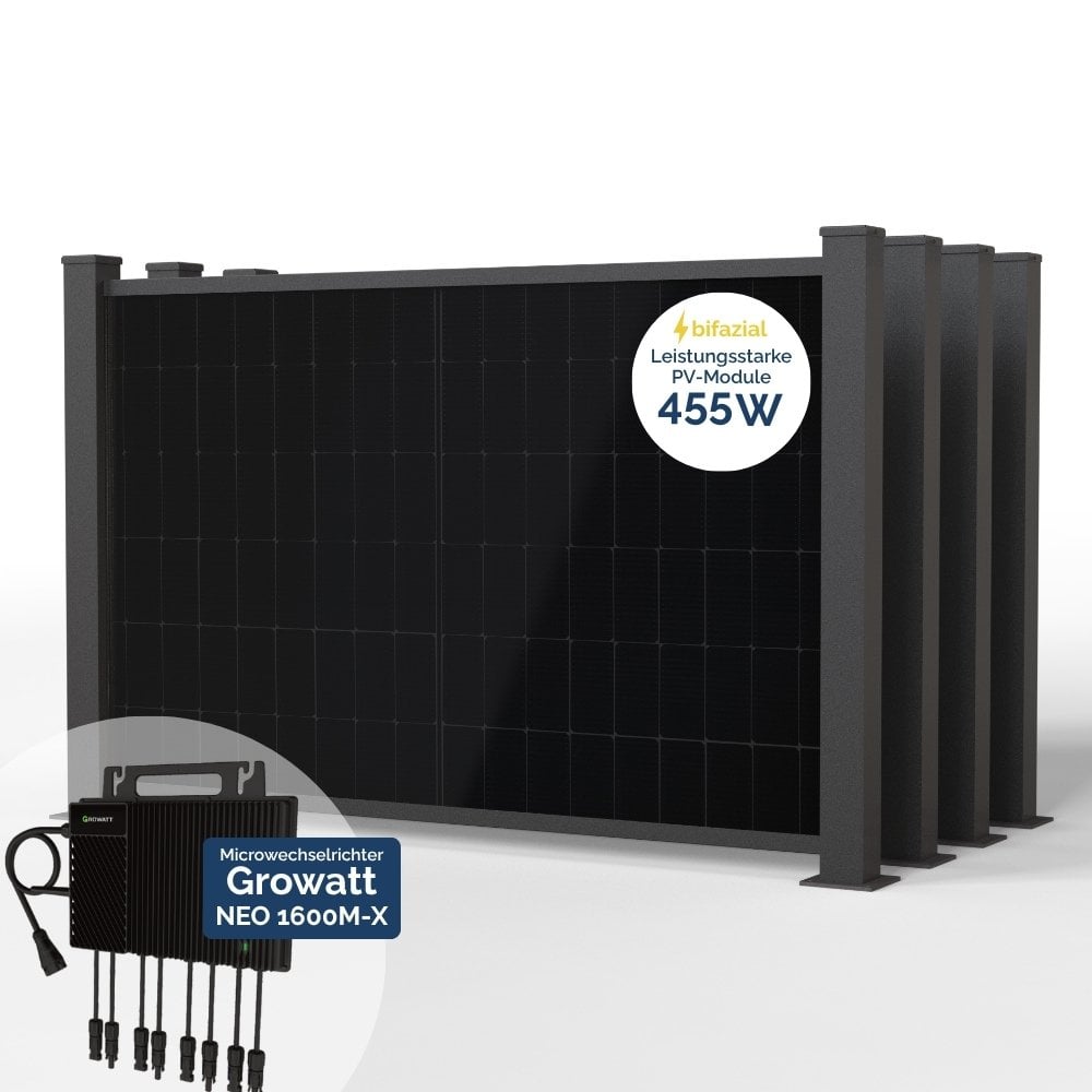Produktbild BasicPVence Solarzaun 1,20m hoch mit vier PV Modulen und Wechselrichter