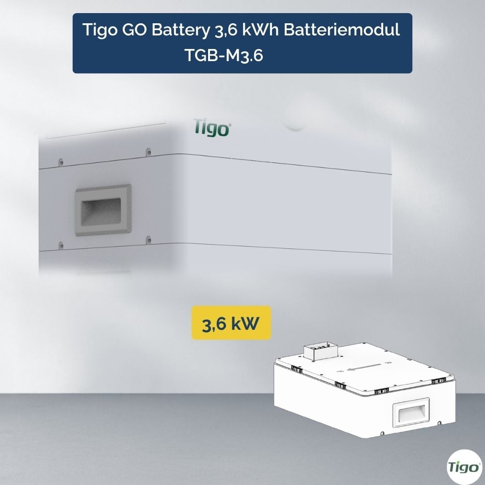 Grafik des Tigo GO Battery 3,6-kWh-Batteriemoduls TGB-M3.6, bestehend aus einem Foto und einer weißen Illustration mit einem Text, der die Angabe „3,6 kW“ hervorhebt. Das Tigo-Logo ist abgebildet.
