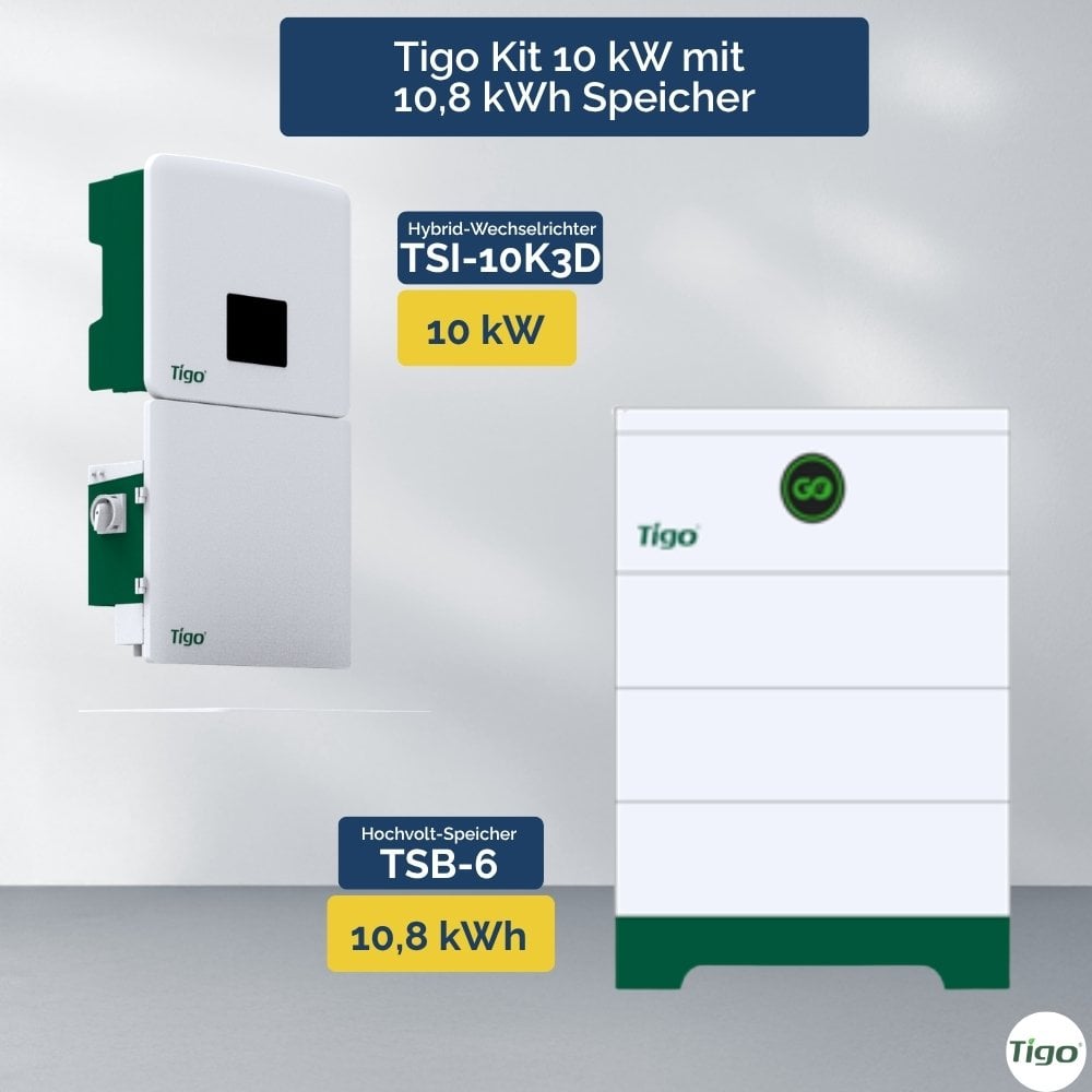 Tigo GO Kit mit einem 10-kW-TSI-Wechselrichter (dreiphasig) links und einem Speicher (10,8 kWh) rechts. Deutsche Beschreibung der technischen Daten. Tigo-Logo unten rechts.