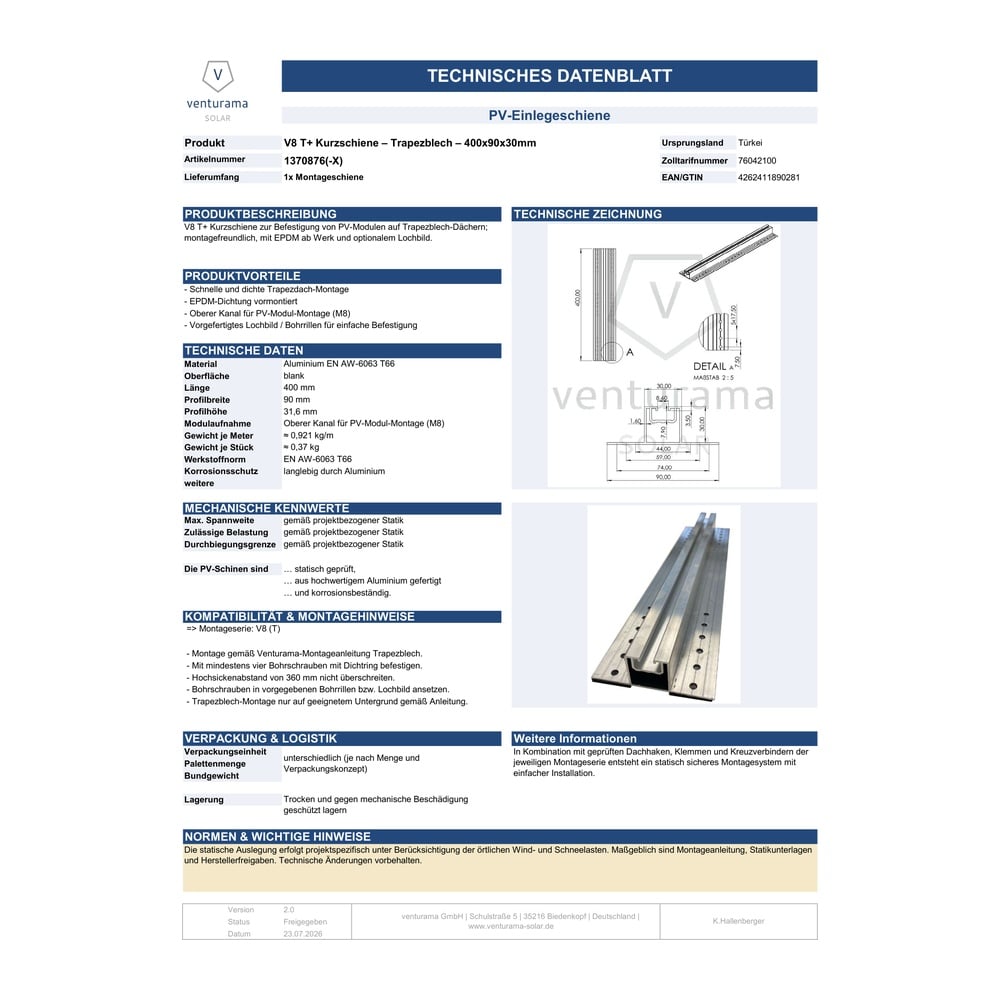 Produktbild für Kurzschiene - Trapezblech gelocht - 400x90x30mm Datenblatt