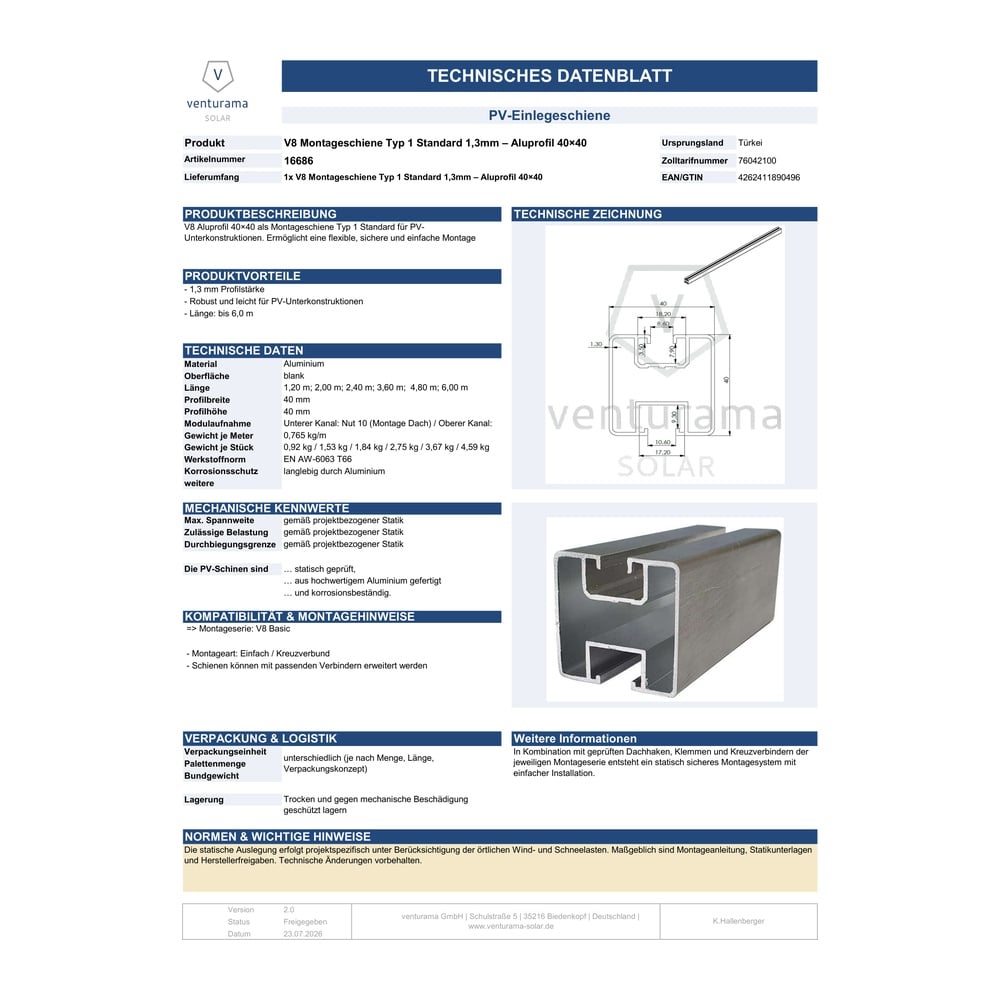 Produktbild V8 Montageschiene Typ 1 Standard