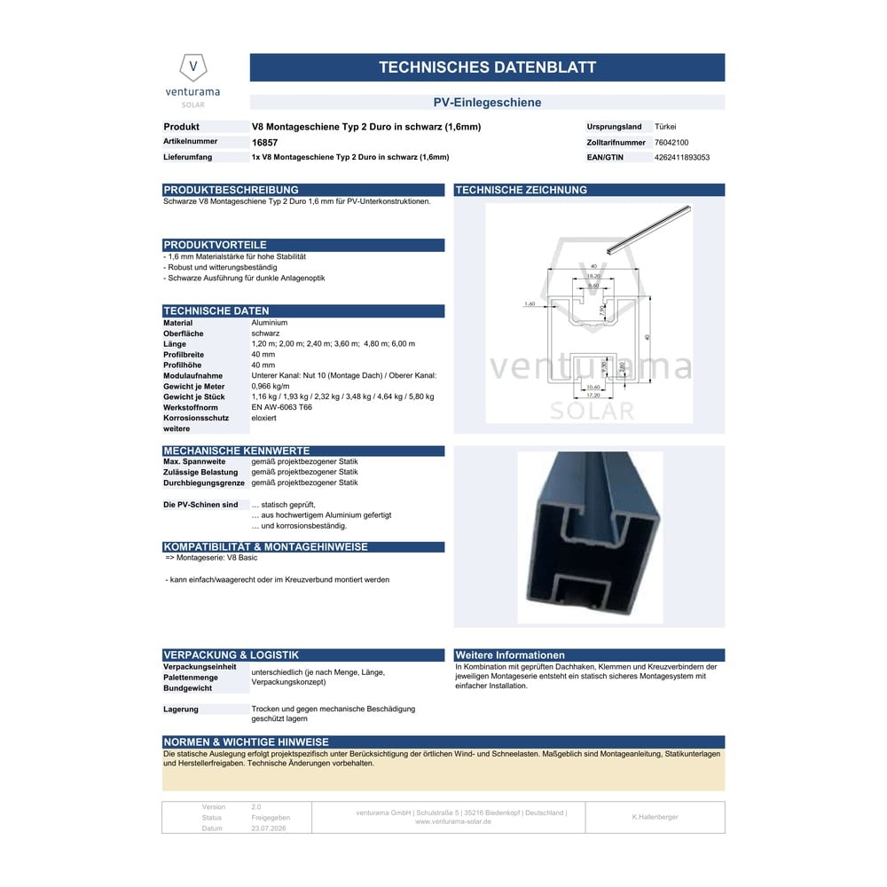 Produktbild V8 Montageschiene Typ 2 Duro