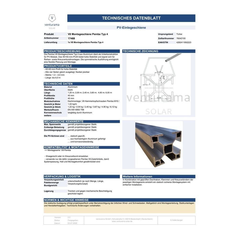 Produktbild V8 Montageschiene Pemba Typ 4 (Schiene 40x40 mm, max. Länge 6m) Datenblatt