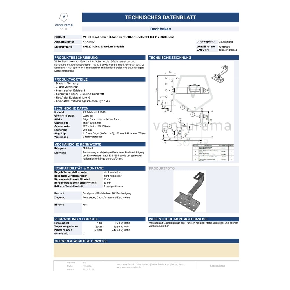 Datenblatt PV Dachhaken: Mittellast-Dachhaken 3-fach-verstellbar (1.4016 MT6x30x117mm)