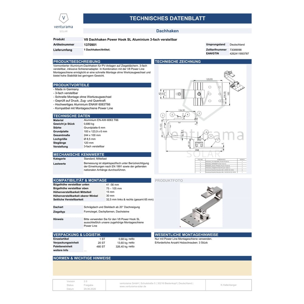 Datenblatt PV Dachhaken Power Hook SL - 3-fach verstellbar aus Aluminium