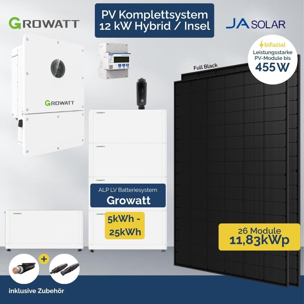 Produktbild PV Anlage 12 kWp Growatt Wit Hybrid - Inselanlage Wechselrichter - 26 x Ja Solar FB 20kWh Speicher