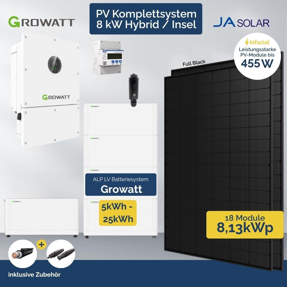 Produktbild PV Anlage 8 kWp Growatt Wit Hybrid - Inselanlage Wechselrichter - 18 x Ja Solar FB